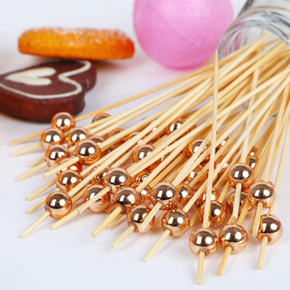 100PCS Cocktail Toothpicks, Bamboo Cocktail Picks for Appetizers for Wedding, Birthday and Parties (Rose Gold, 4.72 Inch)