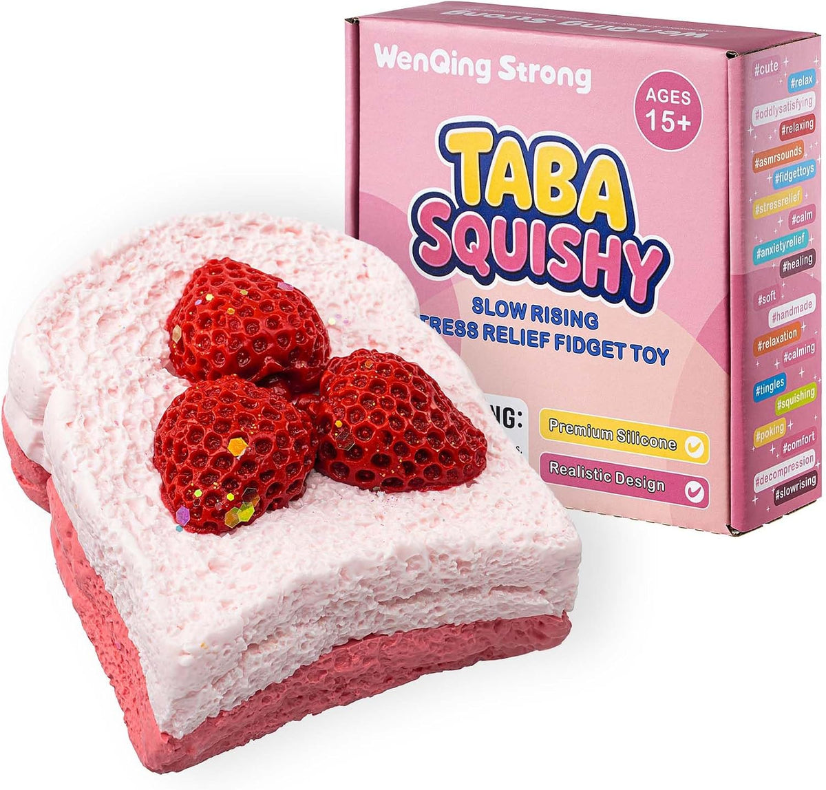 Strawberry Cake Taba Squishy Toy, Kawaii Pink Fidget Slow Rising Squeeze Stress Relief Premium Silicone Handmade with Decorative Strawberries Gift for Adults(Wenqing Strong)