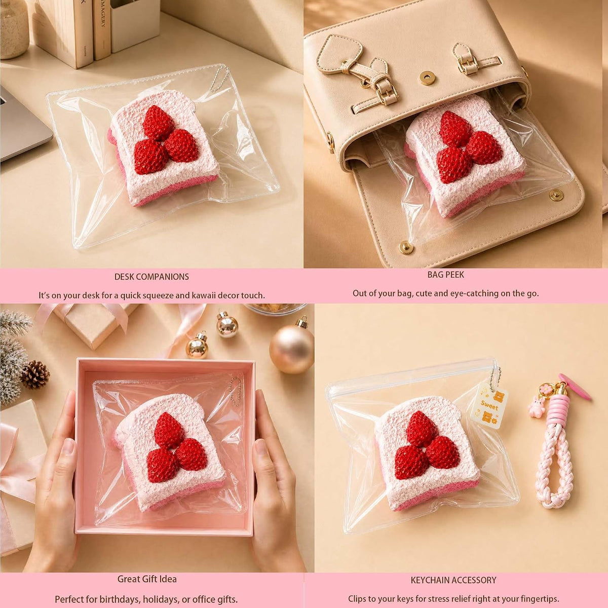 Strawberry Cake Taba Squishy Toy, Kawaii Pink Fidget Slow Rising Squeeze Stress Relief Premium Silicone Handmade with Decorative Strawberries Gift for Adults(Wenqing Strong)