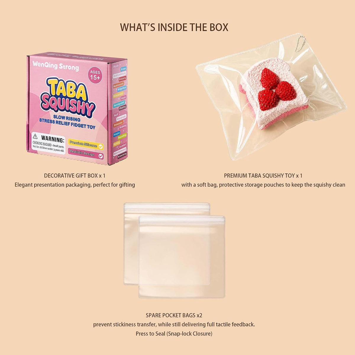 Strawberry Cake Taba Squishy Toy, Kawaii Pink Fidget Slow Rising Squeeze Stress Relief Premium Silicone Handmade with Decorative Strawberries Gift for Adults(Wenqing Strong)