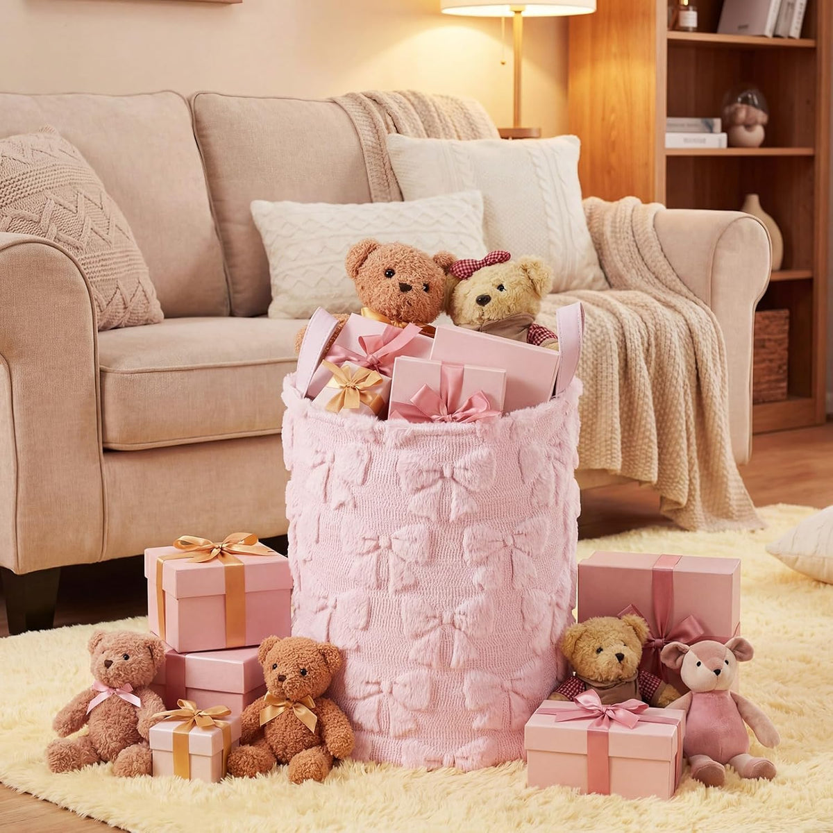 Coquette Pink Bow Laundry Basket 18 x 14 Inch Coquette Storage Basket for Girls Nursery Hamper Foldable Fluffy Plush Storage Bin with Handle for Home Nursery Laundry