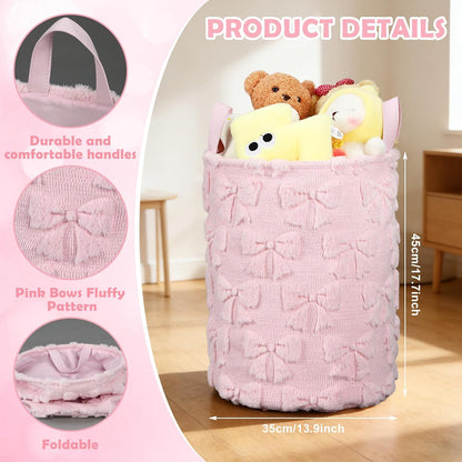 Coquette Pink Bow Laundry Basket 18 x 14 Inch Coquette Storage Basket for Girls Nursery Hamper Foldable Fluffy Plush Storage Bin with Handle for Home Nursery Laundry