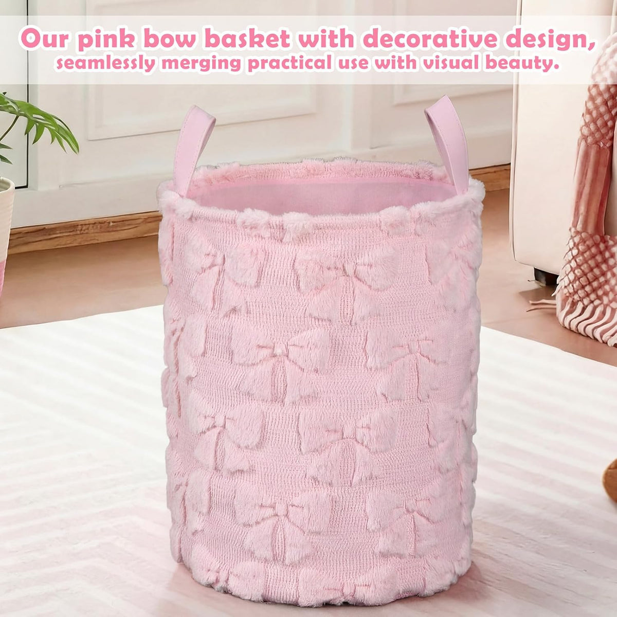 Coquette Pink Bow Laundry Basket 18 x 14 Inch Coquette Storage Basket for Girls Nursery Hamper Foldable Fluffy Plush Storage Bin with Handle for Home Nursery Laundry