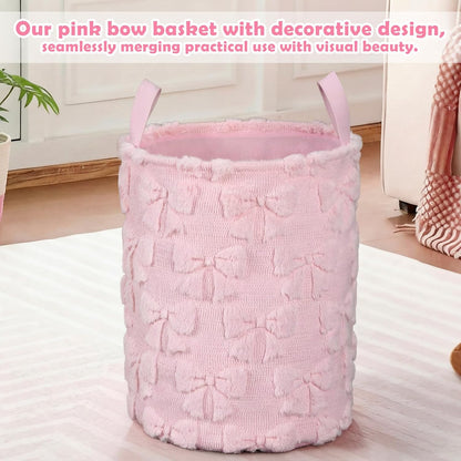 Coquette Pink Bow Laundry Basket 18 x 14 Inch Coquette Storage Basket for Girls Nursery Hamper Foldable Fluffy Plush Storage Bin with Handle for Home Nursery Laundry