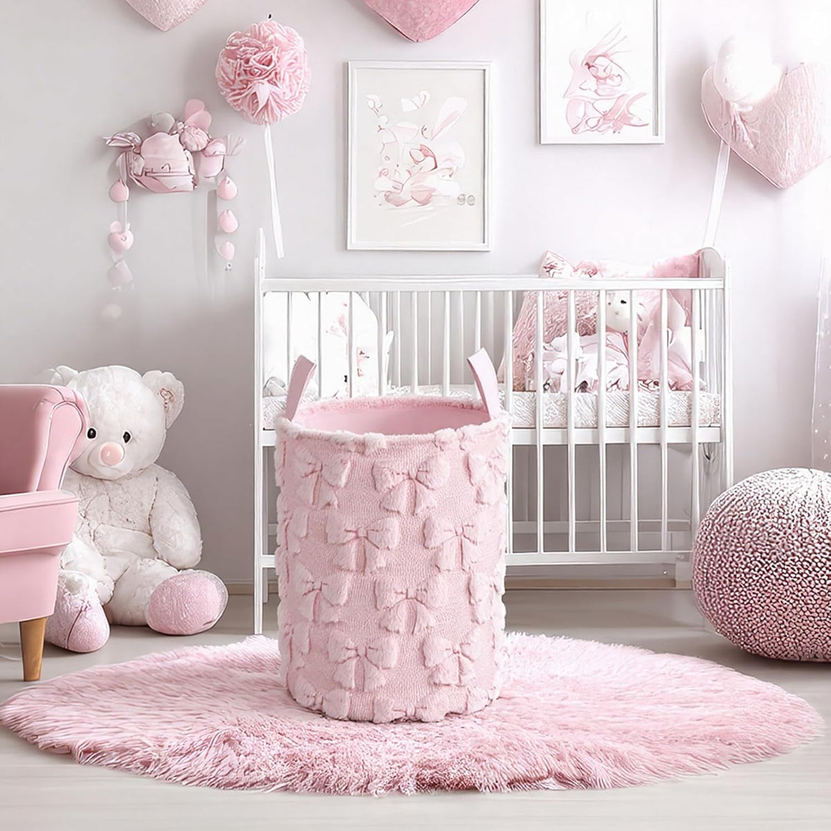 Coquette Pink Bow Laundry Basket 18 x 14 Inch Coquette Storage Basket for Girls Nursery Hamper Foldable Fluffy Plush Storage Bin with Handle for Home Nursery Laundry