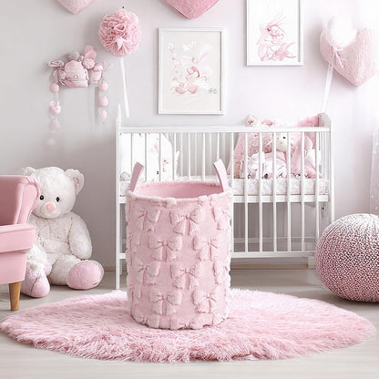 Coquette Pink Bow Laundry Basket 18 x 14 Inch Coquette Storage Basket for Girls Nursery Hamper Foldable Fluffy Plush Storage Bin with Handle for Home Nursery Laundry