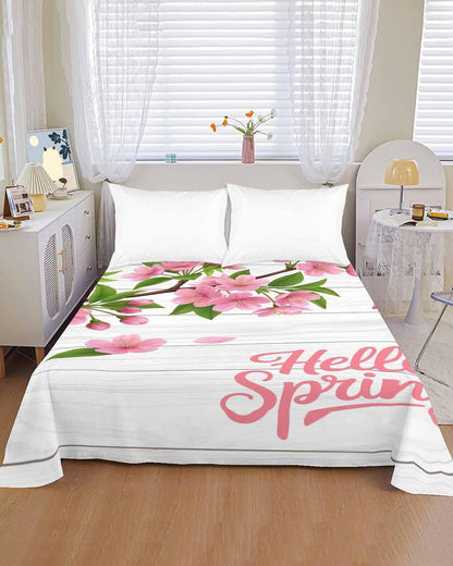 Twin Top Sheets Easy Care, Hello Spring Peach Blossom Floral Super Soft Bed Sheets, Pink Flower Rustic Wood Grain Hotel Luxury Bedding Flat Sheet for Women/Men/Kids