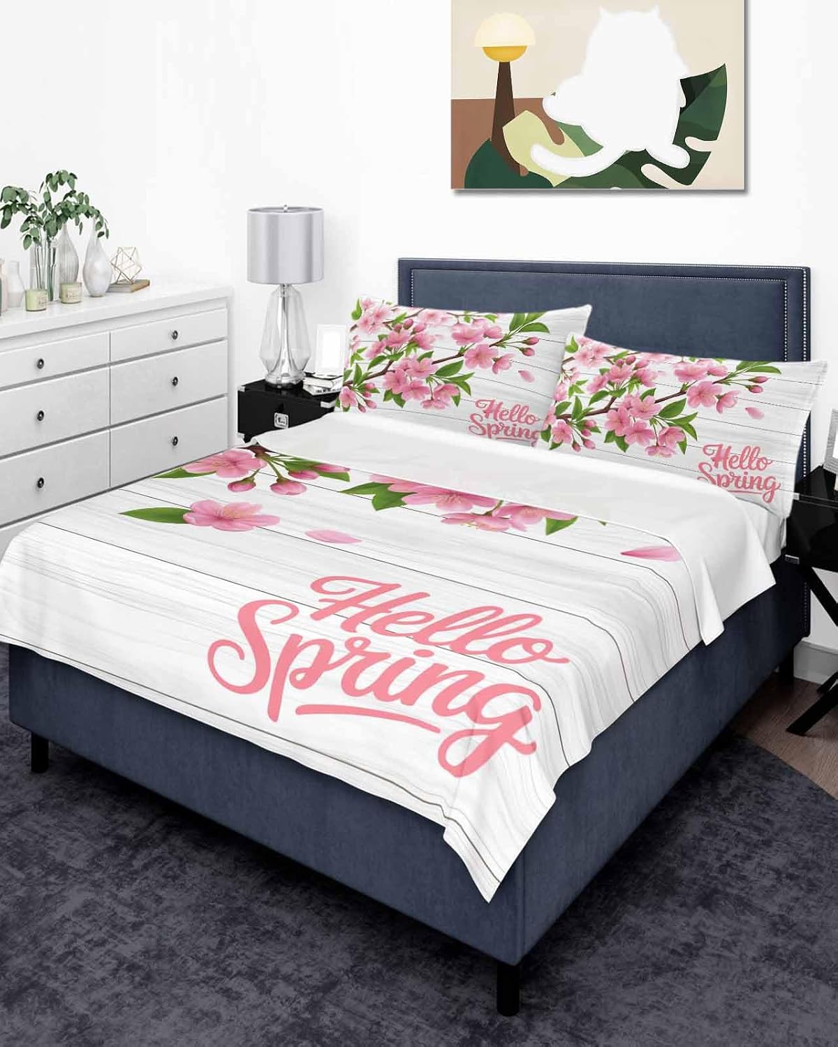 Twin Top Sheets Easy Care, Hello Spring Peach Blossom Floral Super Soft Bed Sheets, Pink Flower Rustic Wood Grain Hotel Luxury Bedding Flat Sheet for Women/Men/Kids