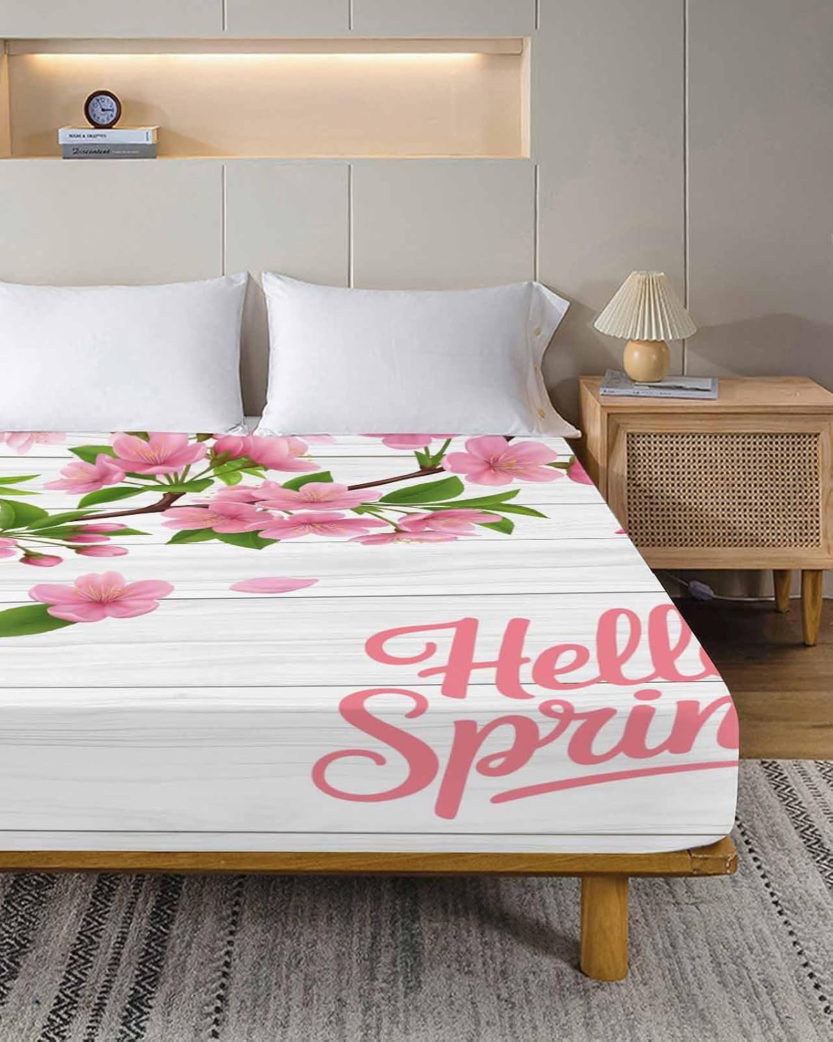 Twin Top Sheets Easy Care, Hello Spring Peach Blossom Floral Super Soft Bed Sheets, Pink Flower Rustic Wood Grain Hotel Luxury Bedding Flat Sheet for Women/Men/Kids