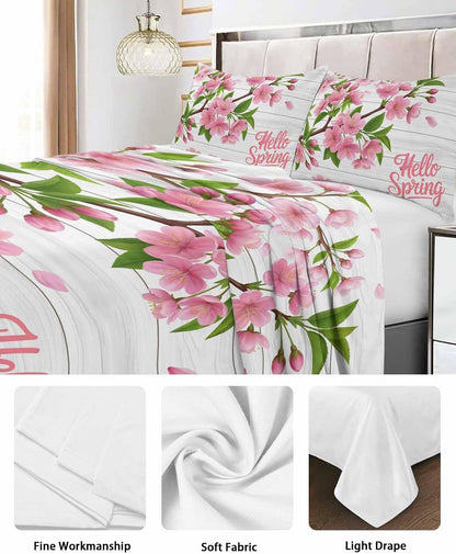 Twin Top Sheets Easy Care, Hello Spring Peach Blossom Floral Super Soft Bed Sheets, Pink Flower Rustic Wood Grain Hotel Luxury Bedding Flat Sheet for Women/Men/Kids