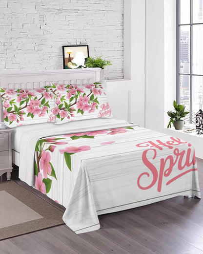 Twin Top Sheets Easy Care, Hello Spring Peach Blossom Floral Super Soft Bed Sheets, Pink Flower Rustic Wood Grain Hotel Luxury Bedding Flat Sheet for Women/Men/Kids