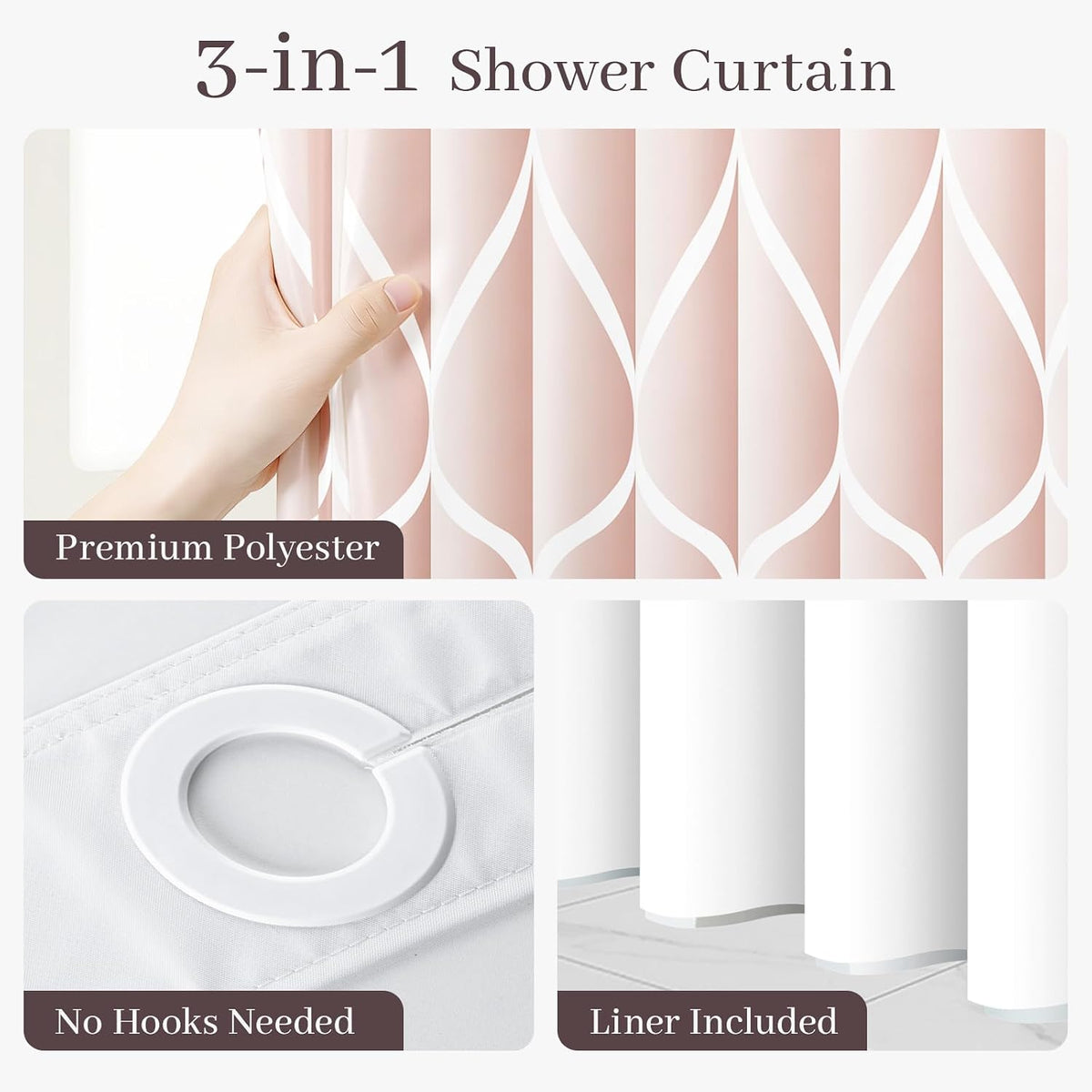 No Hook Shower Curtain with Snap-in Liner, 71 x 74 Inch