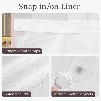 No Hook Shower Curtain with Snap-in Liner, 71 x 74 Inch