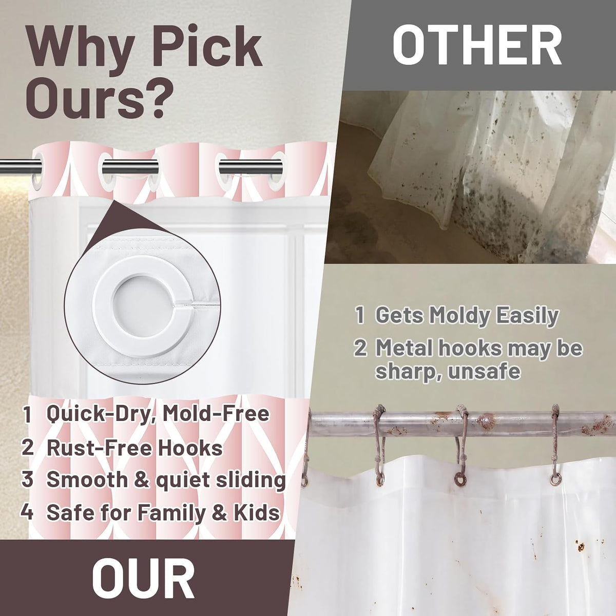 No Hook Shower Curtain with Snap-in Liner, 71 x 74 Inch