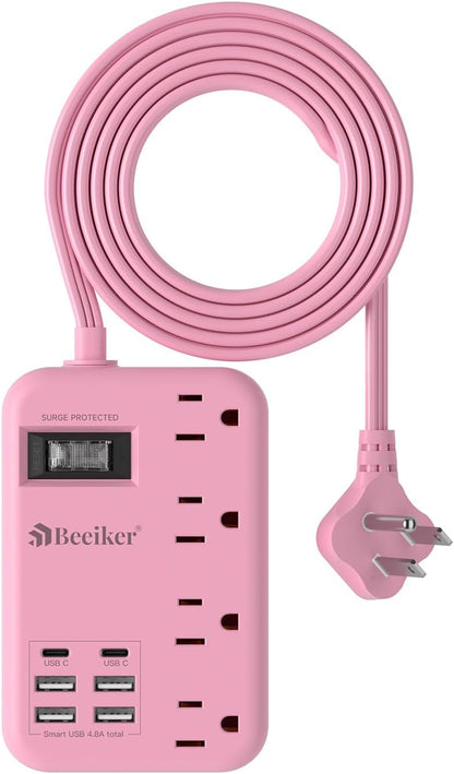 6 USB (2 USB C) Pink Extension Cord,5 Feet Travel Power Strip,4 Outlets