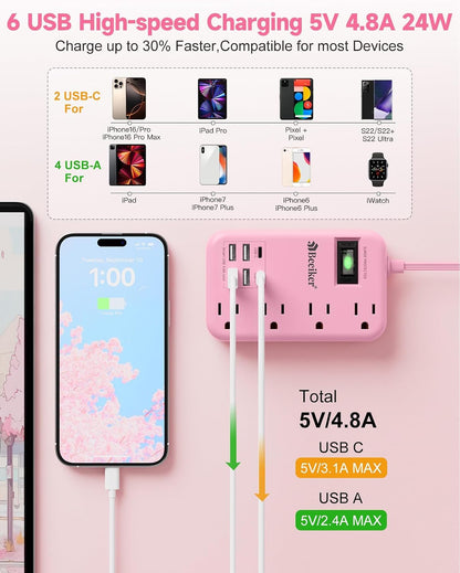 6 USB (2 USB C) Pink Extension Cord,5 Feet Travel Power Strip,4 Outlets