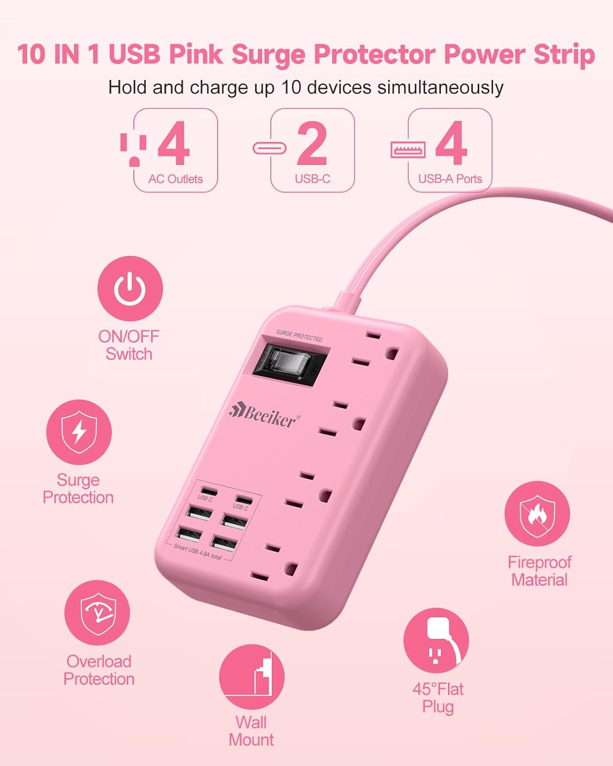 6 USB (2 USB C) Pink Extension Cord,5 Feet Travel Power Strip,4 Outlets
