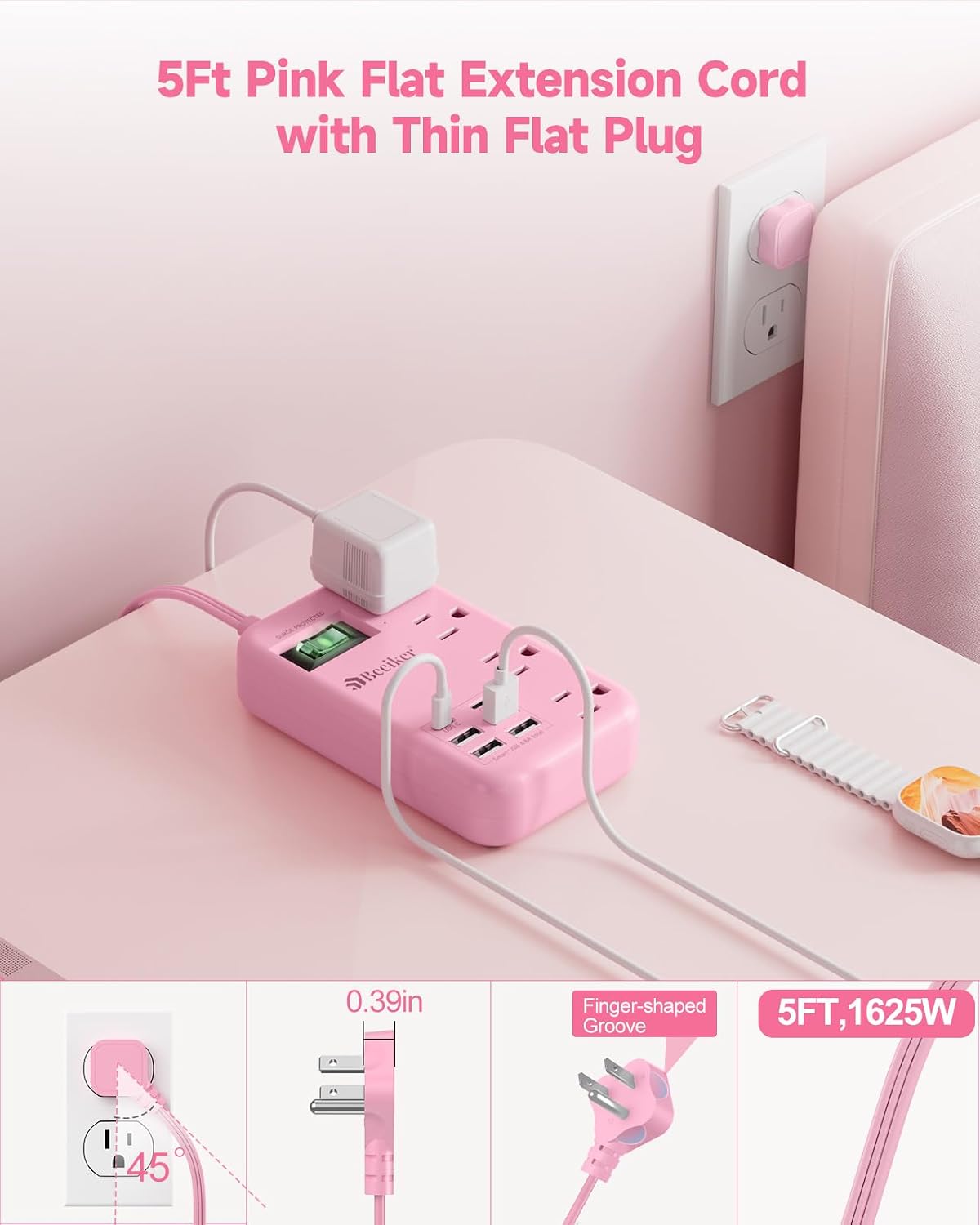 6 USB (2 USB C) Pink Extension Cord,5 Feet Travel Power Strip,4 Outlets