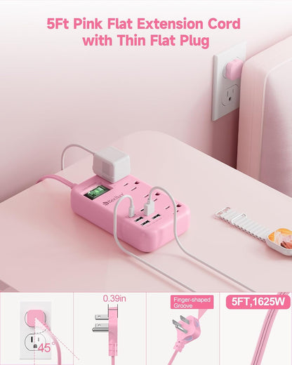 6 USB (2 USB C) Pink Extension Cord,5 Feet Travel Power Strip,4 Outlets