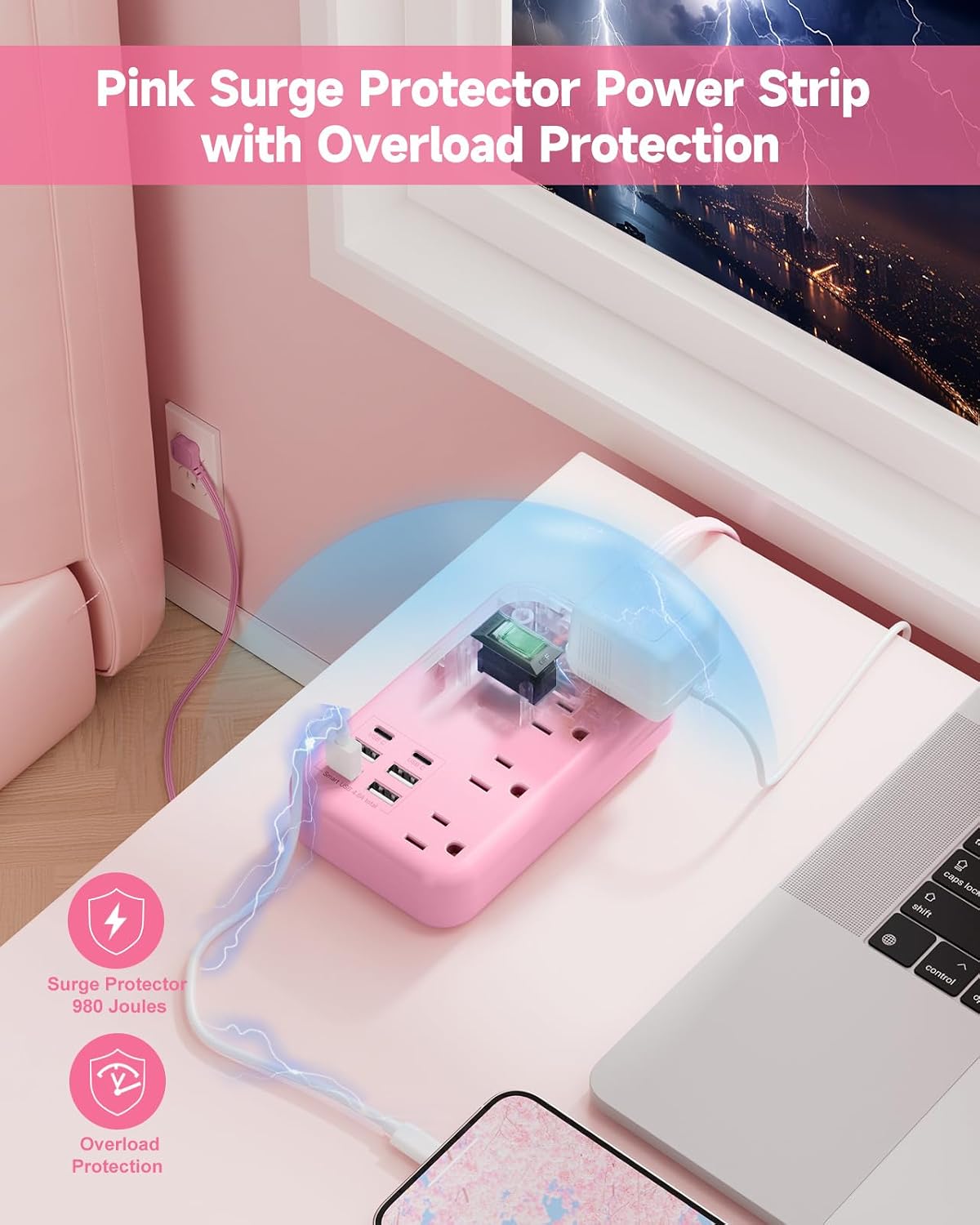 6 USB (2 USB C) Pink Extension Cord,5 Feet Travel Power Strip,4 Outlets