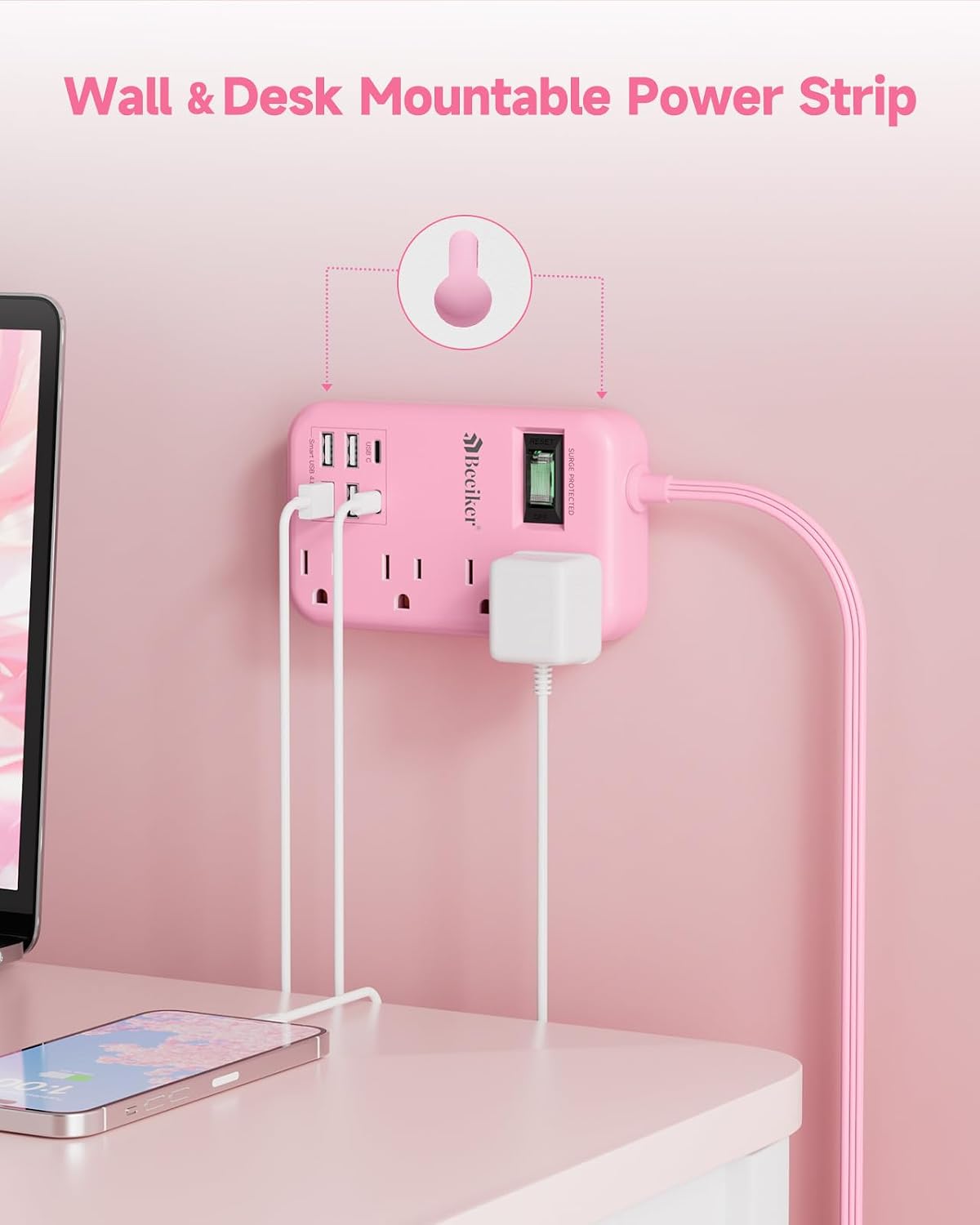 6 USB (2 USB C) Pink Extension Cord,5 Feet Travel Power Strip,4 Outlets