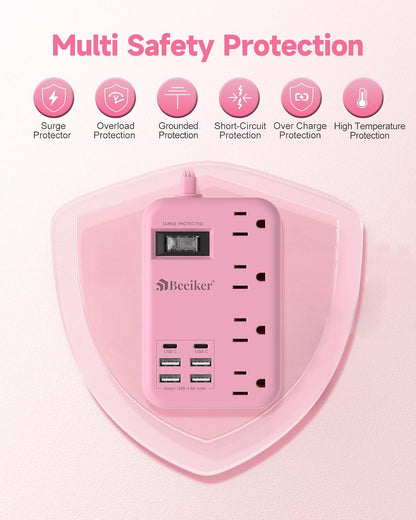 6 USB (2 USB C) Pink Extension Cord,5 Feet Travel Power Strip,4 Outlets