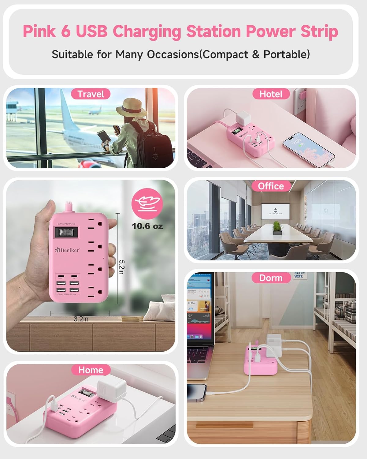 6 USB (2 USB C) Pink Extension Cord,5 Feet Travel Power Strip,4 Outlets