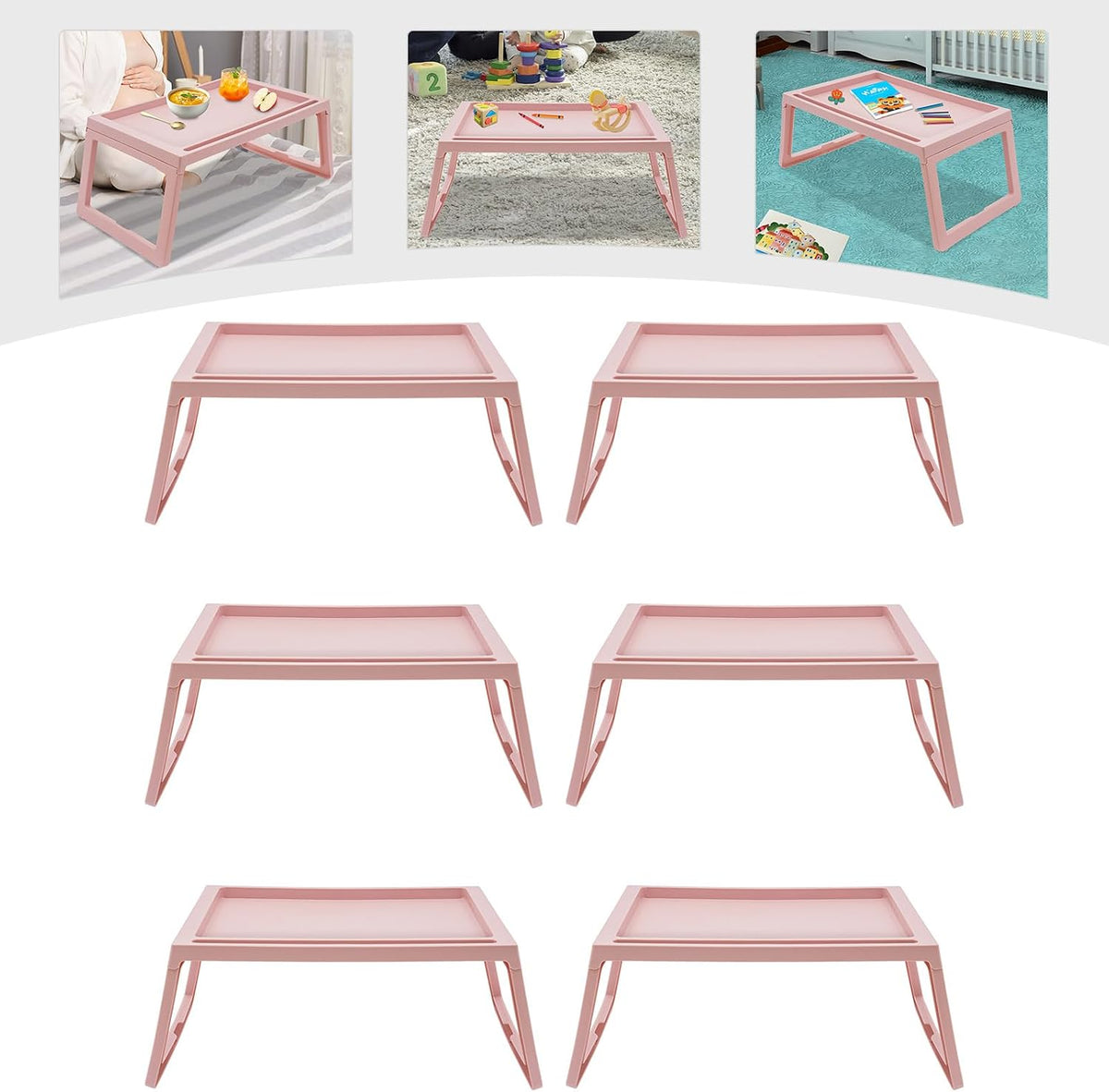 6Pcs Lap Desk Tray,Tray Folding Table,Foldable Laptop Desk,Plastic Breakfast Laptop Trays,Portable Lap Bed Table with Phone Slots,Serving Tray,Snack Table for Writing Eating Game Classroom (Pink)