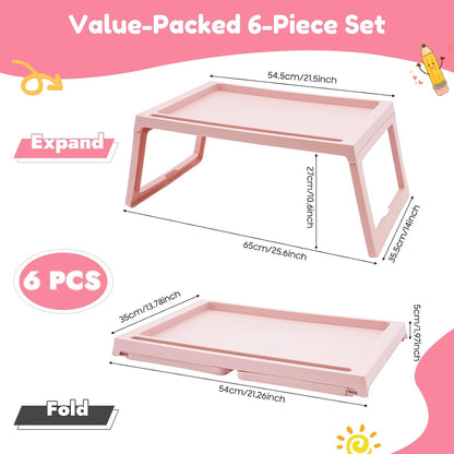 6Pcs Lap Desk Tray,Tray Folding Table,Foldable Laptop Desk,Plastic Breakfast Laptop Trays,Portable Lap Bed Table with Phone Slots,Serving Tray,Snack Table for Writing Eating Game Classroom (Pink)