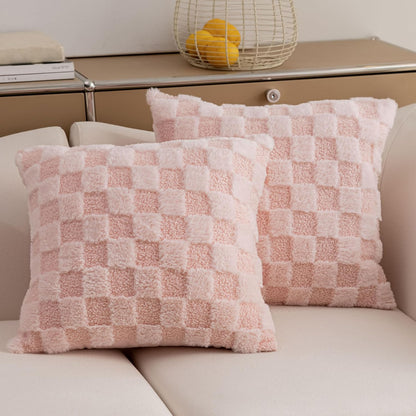 Pink Pillow Covers 18x18 Squre Checkered Throw Pillows for Sofa Soft Plush Pillow Cases for Party Birthday Decorations, Set of 2, 18 x 18 inch, Blush Pink