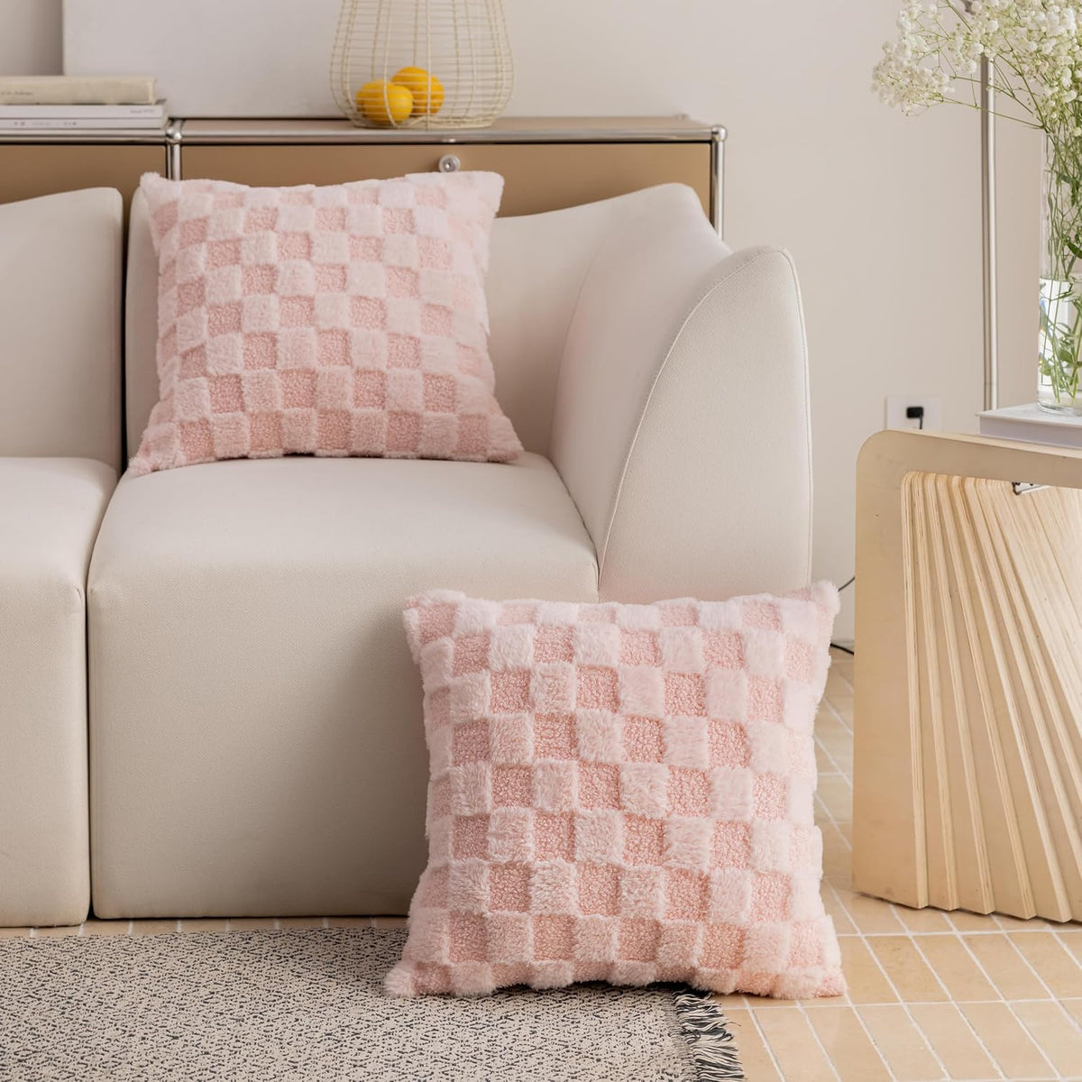 Pink Pillow Covers 18x18 Squre Checkered Throw Pillows for Sofa Soft Plush Pillow Cases for Party Birthday Decorations, Set of 2, 18 x 18 inch, Blush Pink