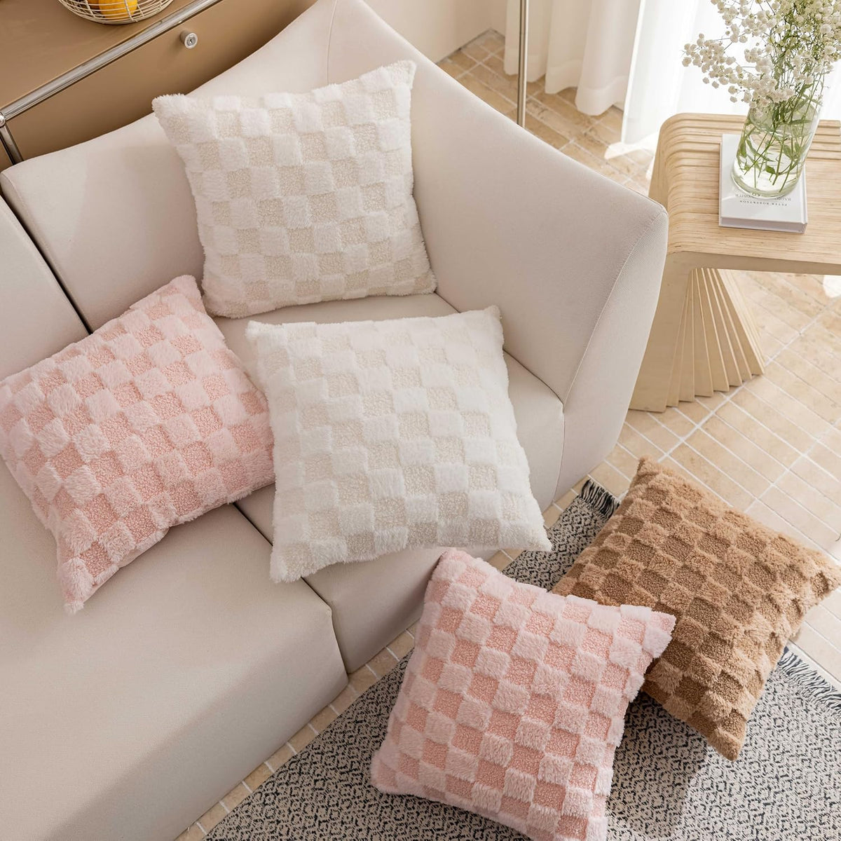 Pink Pillow Covers 18x18 Squre Checkered Throw Pillows for Sofa Soft Plush Pillow Cases for Party Birthday Decorations, Set of 2, 18 x 18 inch, Blush Pink