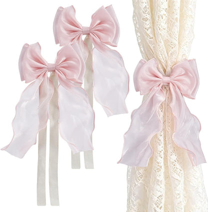 2pcs Bow Curtain Tiebacks French Silky Curtain Holdbacks Elegant Lace Ribbon Tie Backs No Drill for Home Bedroom Offices Dining Rooms Decoration Rope Accessories (Pink)