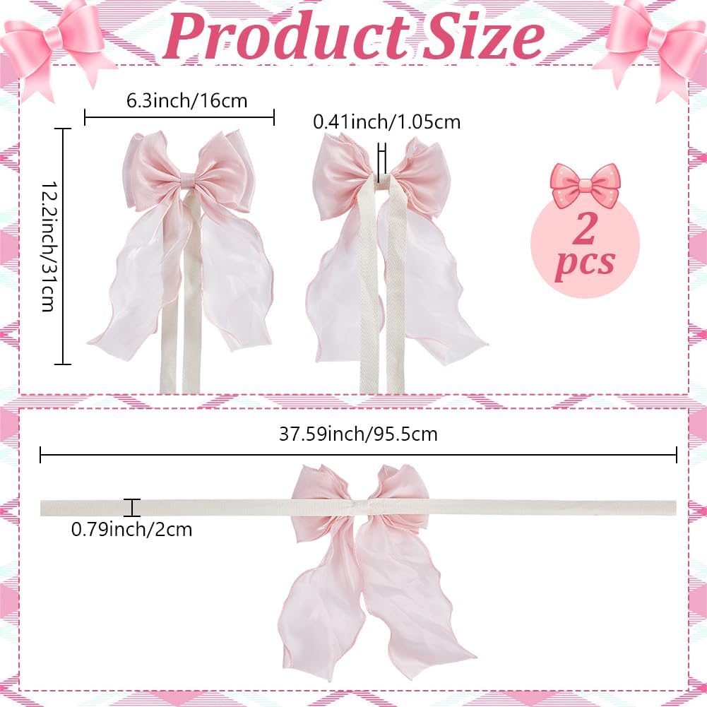 2pcs Bow Curtain Tiebacks French Silky Curtain Holdbacks Elegant Lace Ribbon Tie Backs No Drill for Home Bedroom Offices Dining Rooms Decoration Rope Accessories (Pink)