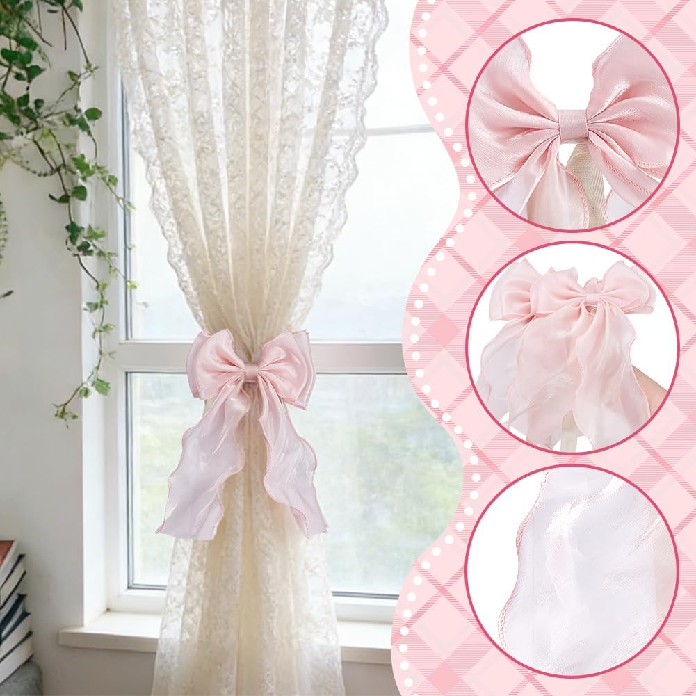 2pcs Bow Curtain Tiebacks French Silky Curtain Holdbacks Elegant Lace Ribbon Tie Backs No Drill for Home Bedroom Offices Dining Rooms Decoration Rope Accessories (Pink)