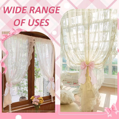 2pcs Bow Curtain Tiebacks French Silky Curtain Holdbacks Elegant Lace Ribbon Tie Backs No Drill for Home Bedroom Offices Dining Rooms Decoration Rope Accessories (Pink)