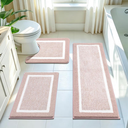 Bathroom Rugs 3 Piece Set, Non Slip Washable Bath Mat, Dusty Pink
