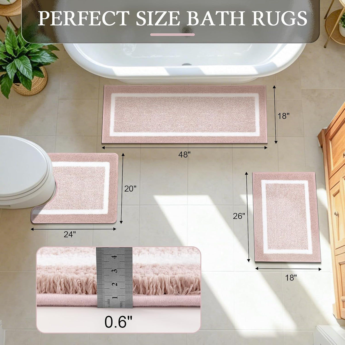 Bathroom Rugs 3 Piece Set, Non Slip Washable Bath Mat, Dusty Pink