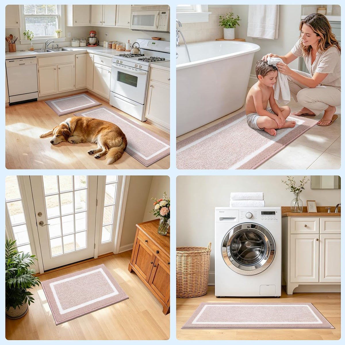 Bathroom Rugs 3 Piece Set, Non Slip Washable Bath Mat, Dusty Pink