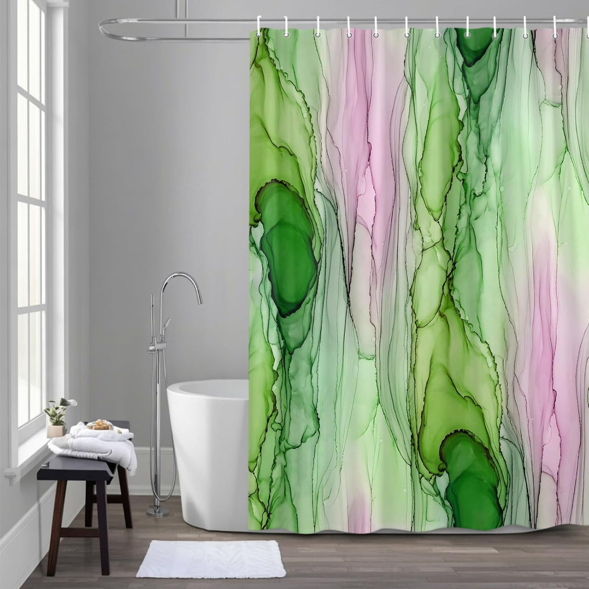 Green Pink Ink Marble Shower Curtain with 12 Hooks, Nautical Water Ripples Abstract Waterproof Fabric Shower Curtains Sets for Bathroom Bathtub Decorations, Machine Washable, 48"x72"