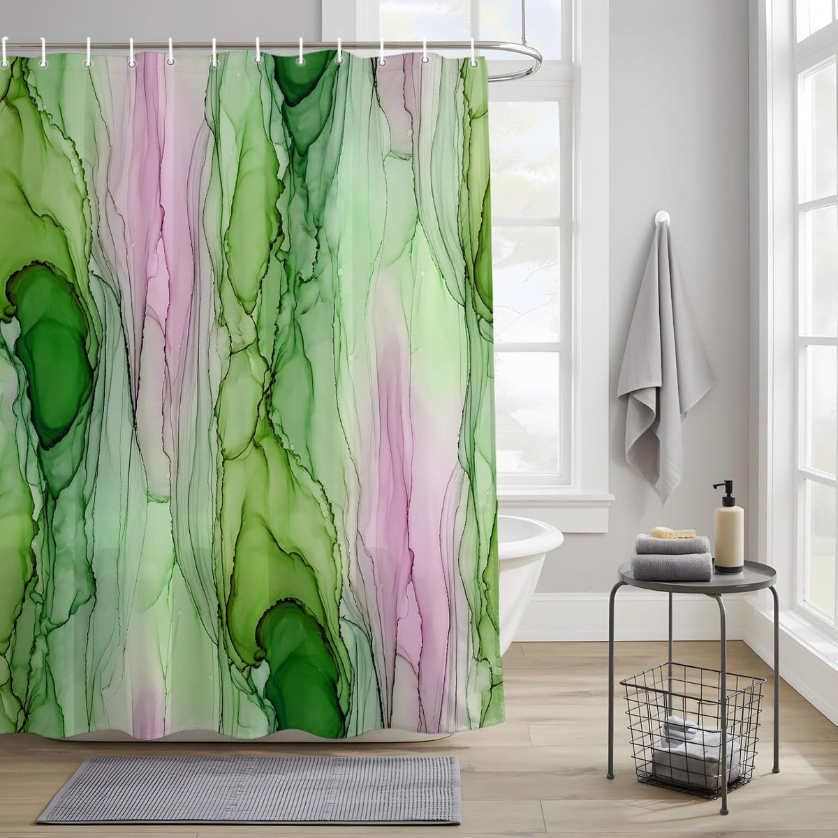 Green Pink Ink Marble Shower Curtain with 12 Hooks, Nautical Water Ripples Abstract Waterproof Fabric Shower Curtains Sets for Bathroom Bathtub Decorations, Machine Washable, 48"x72"