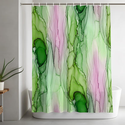 Green Pink Ink Marble Shower Curtain with 12 Hooks, Nautical Water Ripples Abstract Waterproof Fabric Shower Curtains Sets for Bathroom Bathtub Decorations, Machine Washable, 48"x72"