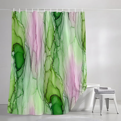 Green Pink Ink Marble Shower Curtain with 12 Hooks, Nautical Water Ripples Abstract Waterproof Fabric Shower Curtains Sets for Bathroom Bathtub Decorations, Machine Washable, 48"x72"
