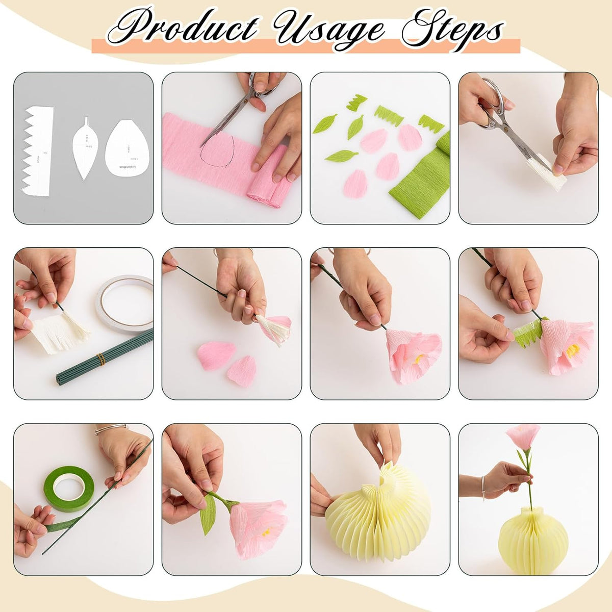 Crepe Paper Flower Making Kit, Complete DIY Craft Aesthetic Gift with 3 Vises & Supplies to Make 30 Flowers, Sensory Arts Idea Gift for Adults, Couples, Friends, Women(Pink)