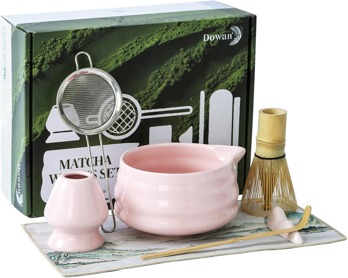 Matcha Whisk Set, 7 Pcs Matcha Set Includes Bowl with Spout, Whisk and Holder, Bamboo Scoop and Holder, Sifter and Tea Towel - Matcha Kit Gift for Lovers Beginners (Pink)