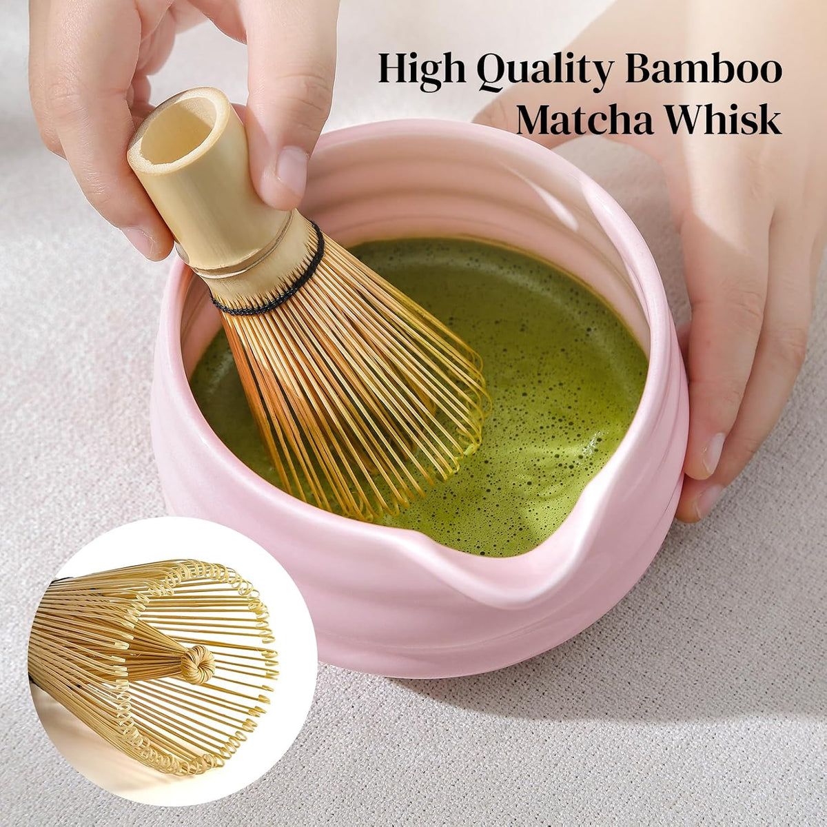 Matcha Whisk Set, 7 Pcs Matcha Set Includes Bowl with Spout, Whisk and Holder, Bamboo Scoop and Holder, Sifter and Tea Towel - Matcha Kit Gift for Lovers Beginners (Pink)