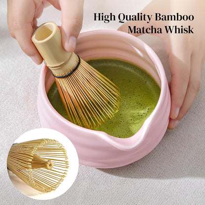 Matcha Whisk Set, 7 Pcs Matcha Set Includes Bowl with Spout, Whisk and Holder, Bamboo Scoop and Holder, Sifter and Tea Towel - Matcha Kit Gift for Lovers Beginners (Pink)