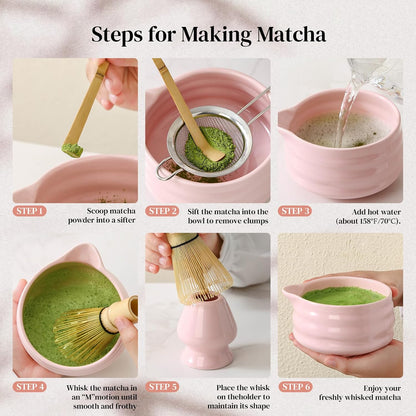 Matcha Whisk Set, 7 Pcs Matcha Set Includes Bowl with Spout, Whisk and Holder, Bamboo Scoop and Holder, Sifter and Tea Towel - Matcha Kit Gift for Lovers Beginners (Pink)
