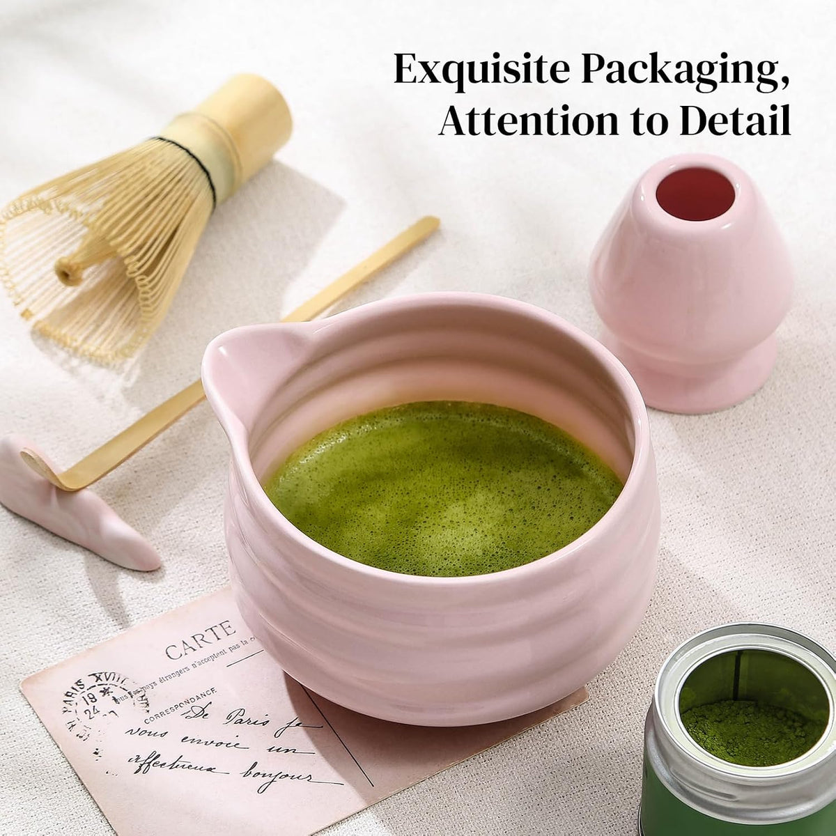 Matcha Whisk Set, 7 Pcs Matcha Set Includes Bowl with Spout, Whisk and Holder, Bamboo Scoop and Holder, Sifter and Tea Towel - Matcha Kit Gift for Lovers Beginners (Pink)
