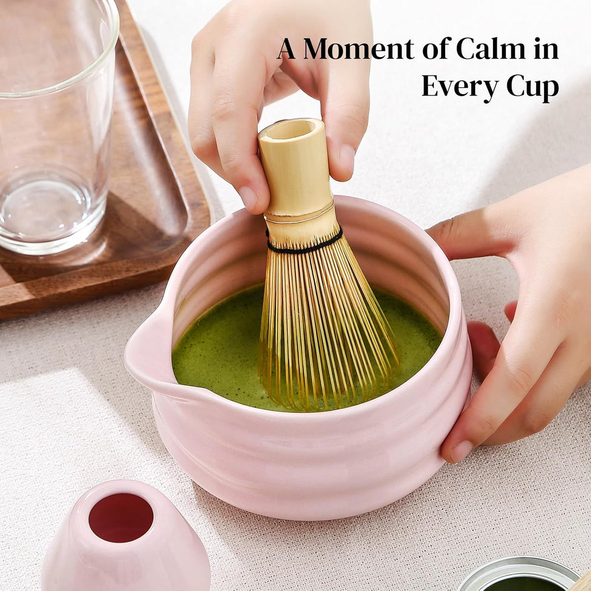 Matcha Whisk Set, 7 Pcs Matcha Set Includes Bowl with Spout, Whisk and Holder, Bamboo Scoop and Holder, Sifter and Tea Towel - Matcha Kit Gift for Lovers Beginners (Pink)
